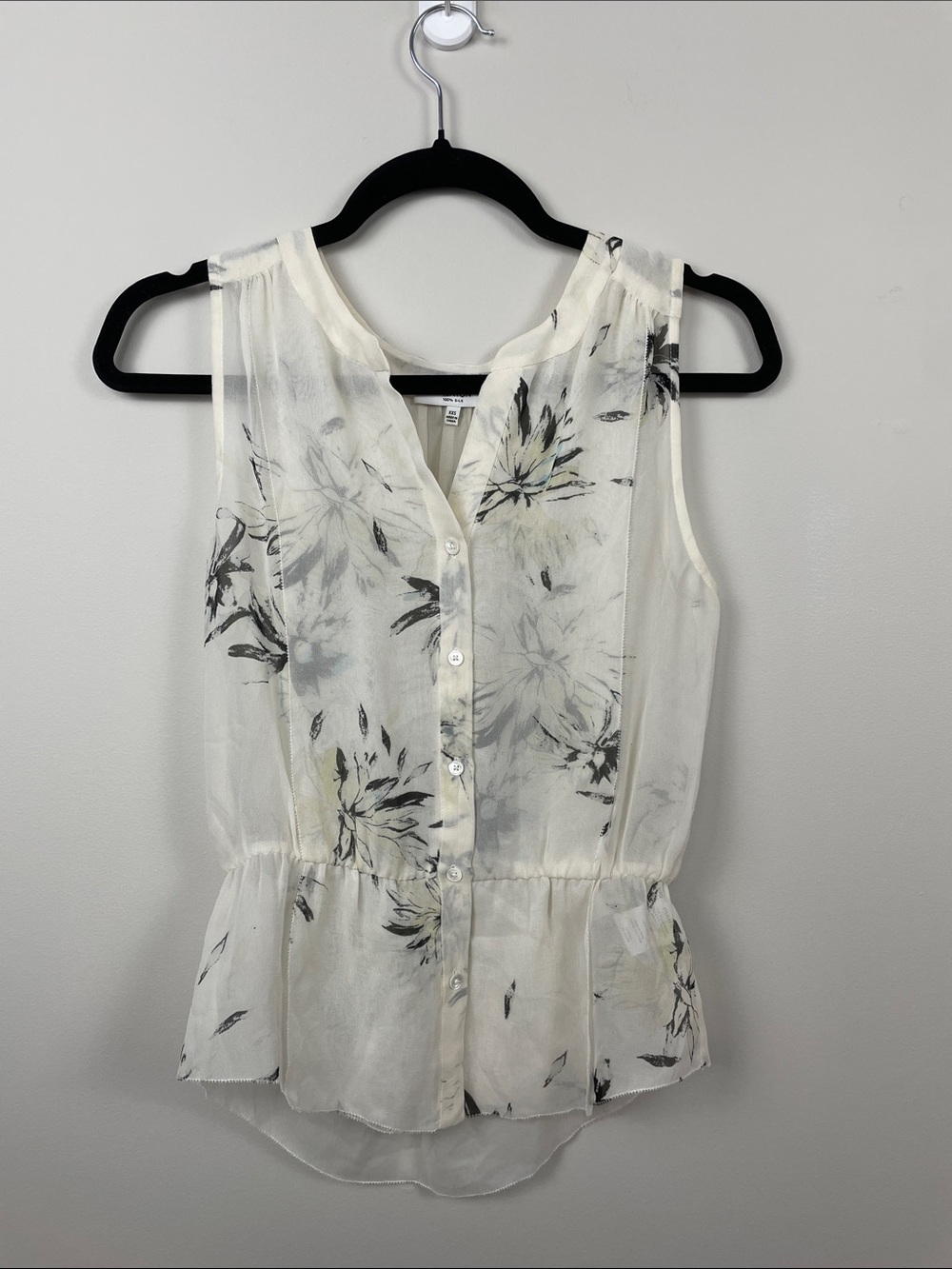 Babaton Cream Sheer Floral Button-Down Peplum Blouse 100% Silk